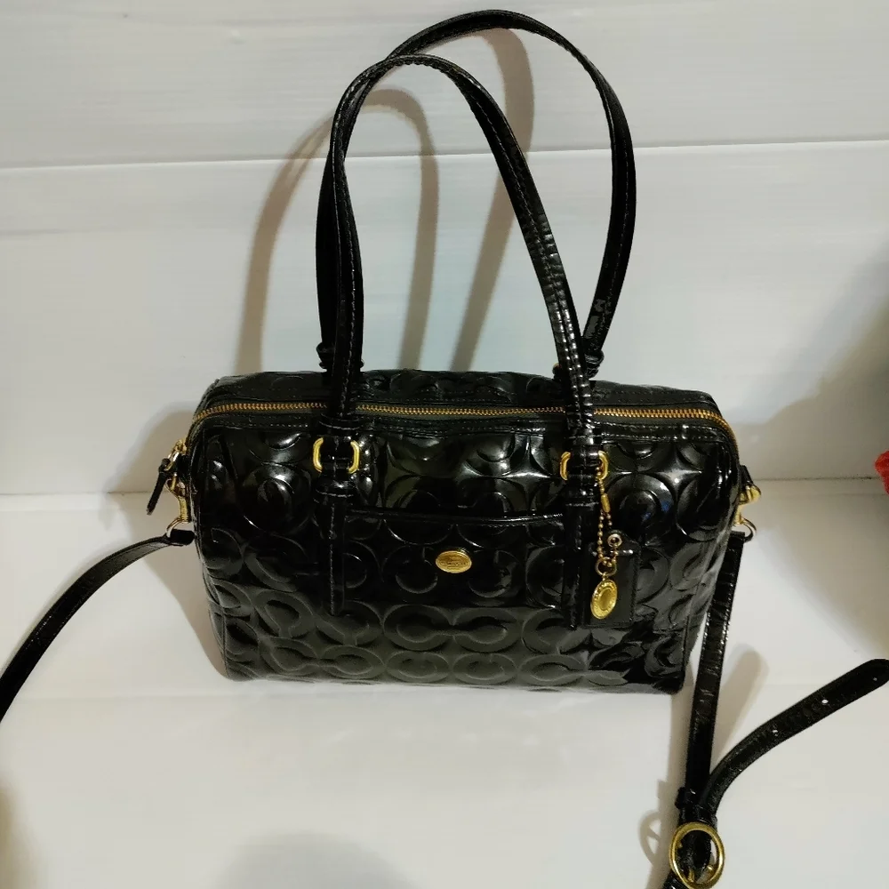 Coach Black Optic C Embossed Patent Leather Large Shoulder Crossbody Bag